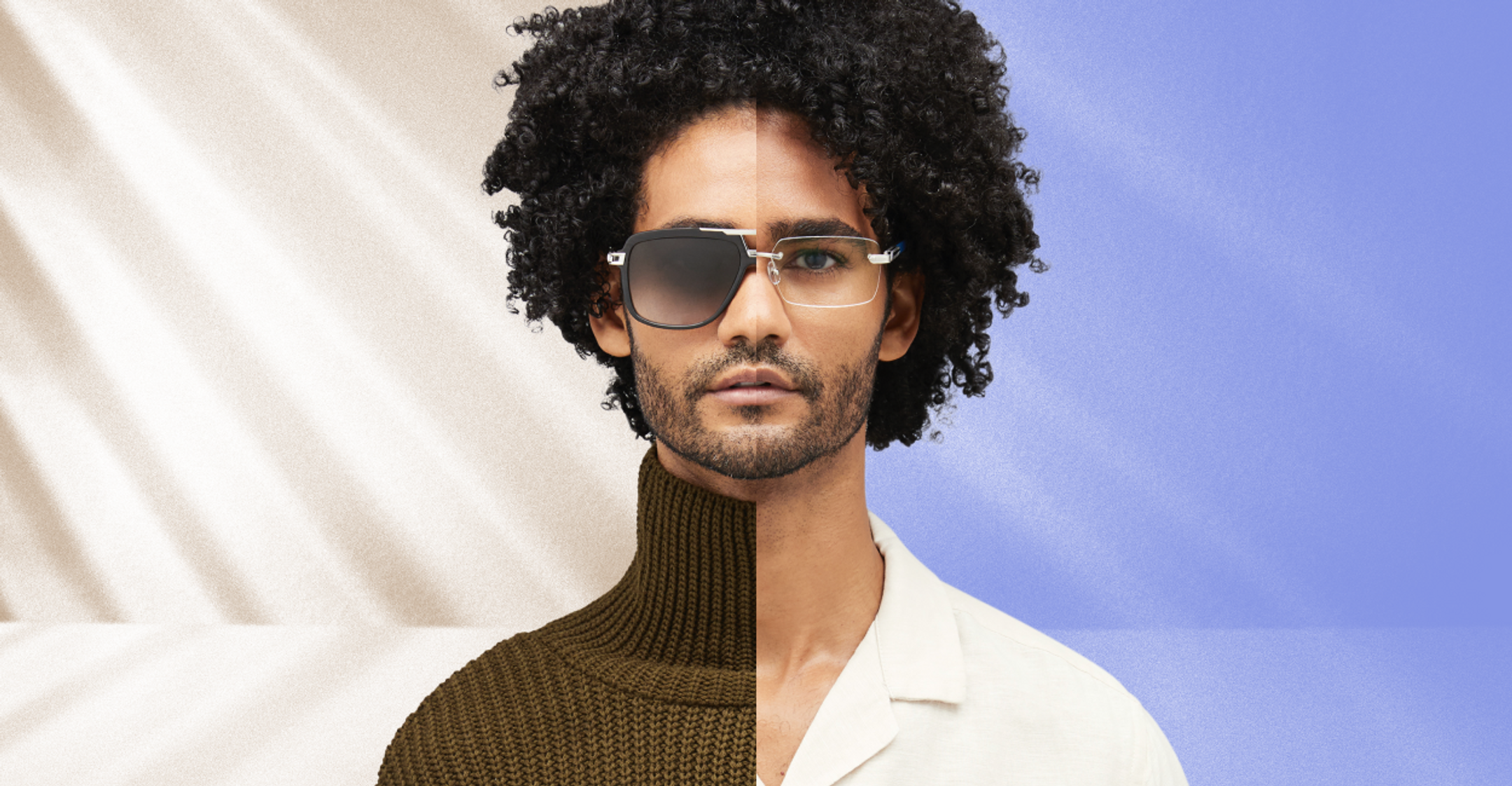 Composite of a male model wearing glasses on one half of his face and sunglasses on the other half