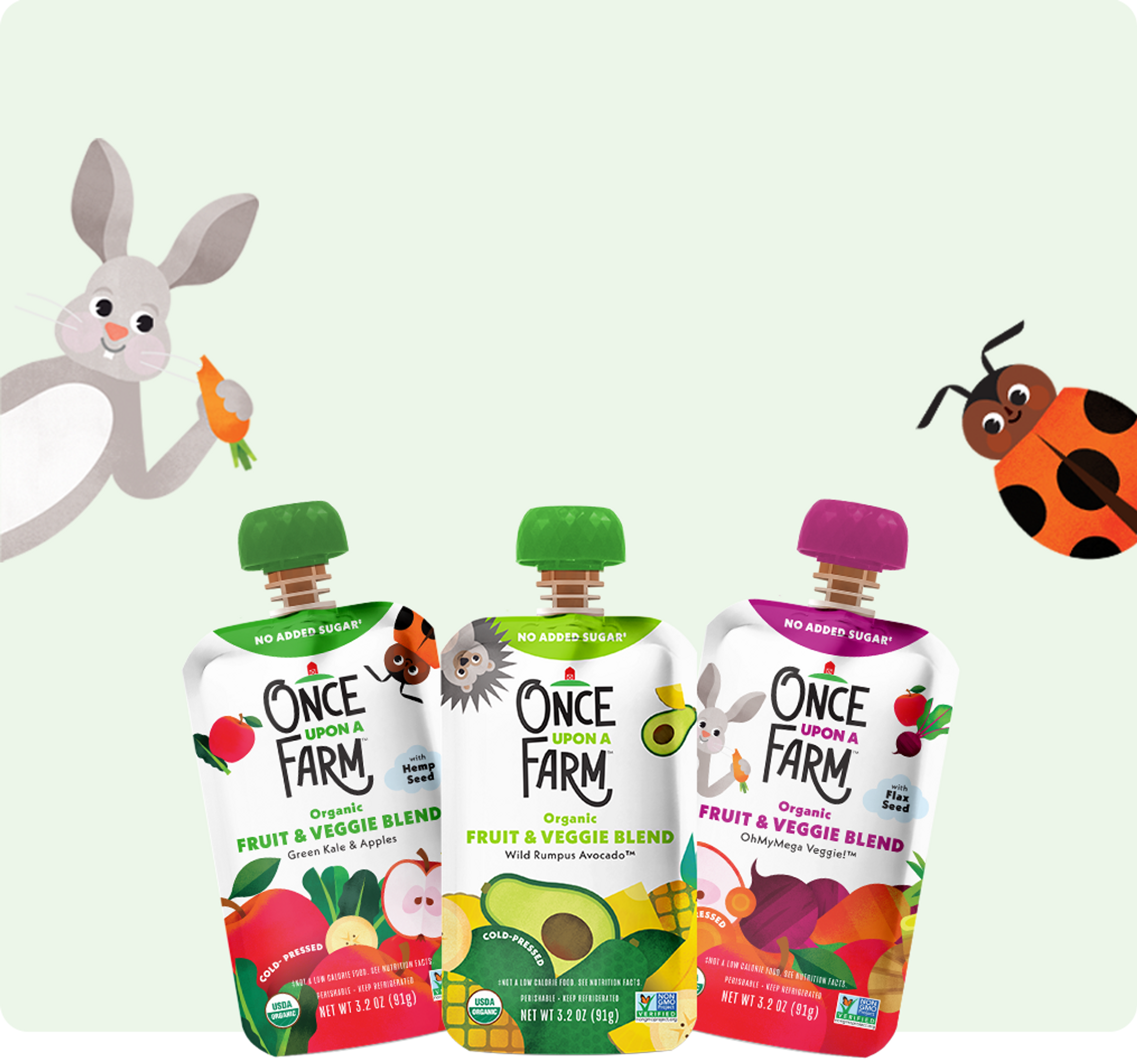Green Kale & Apples, Wild Rumpus Avocado, OhMyMegaVeggie! Fruit & Veggie blends with illustrated rabbit and ladybug