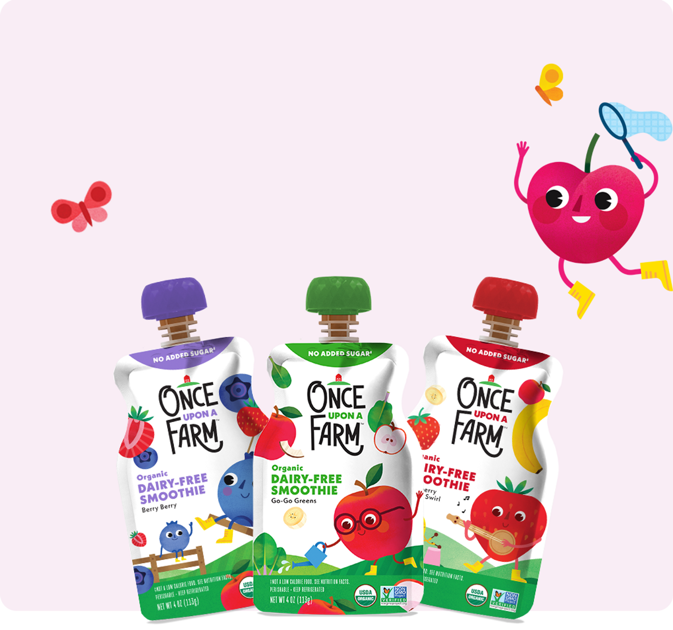 Berry Berry, Gogo Greens and Strawberry Banana Swirl Dairy-free Smoothies with illustrated characters