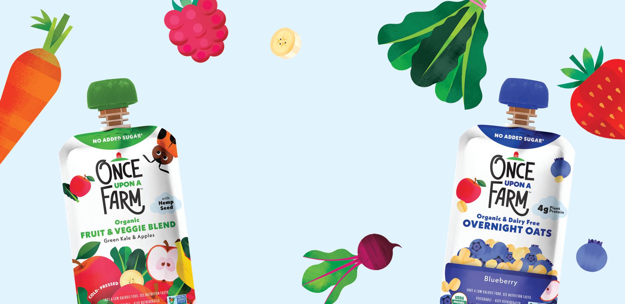 Green Kale & Apples and Blueberry Overnight Oats with fruit and vegetable illustrations