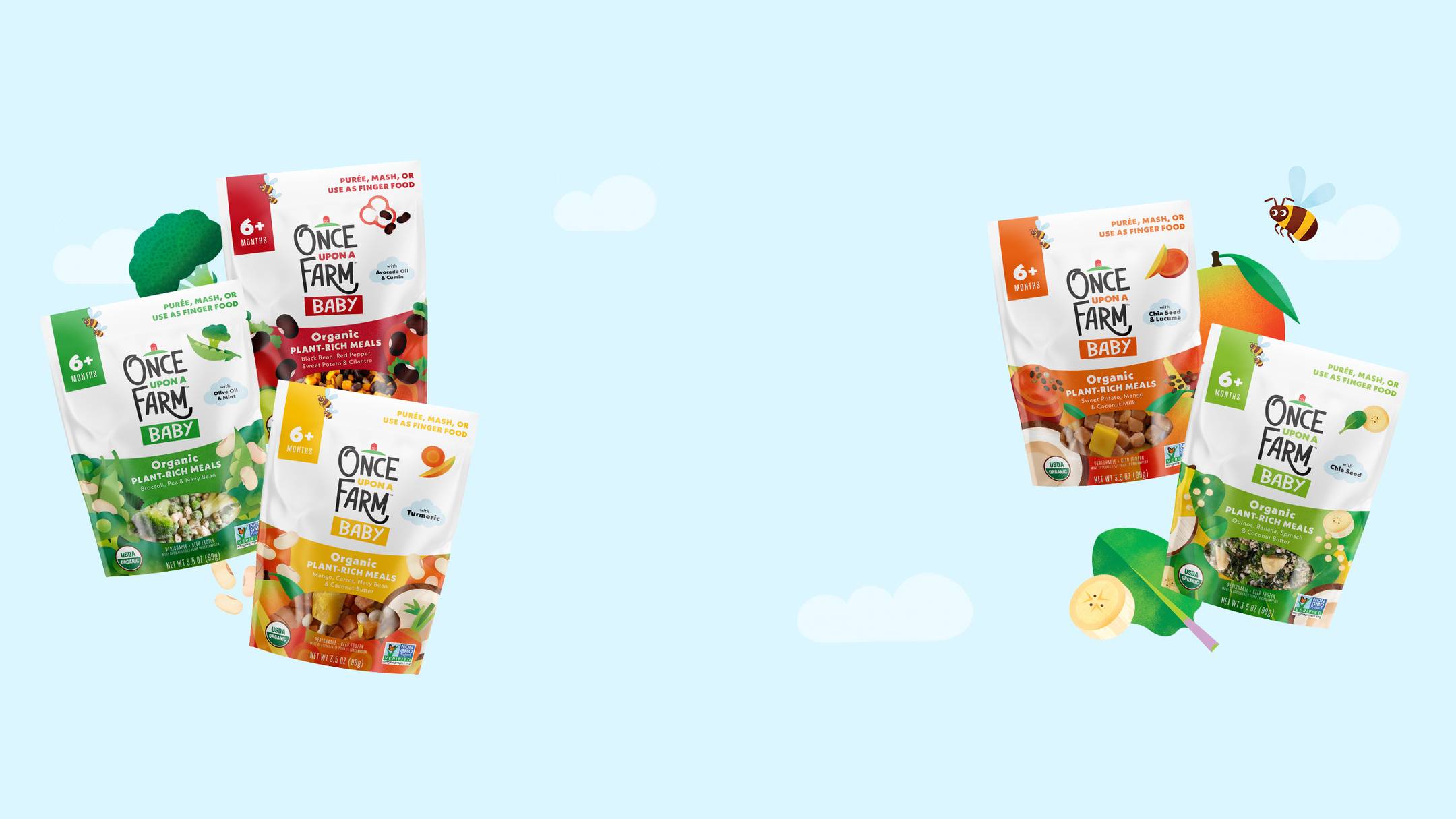 Front of meal images of all five Plant-Rich Meals for baby available at Whole Foods Market.