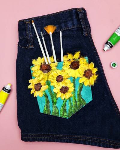 Hand-Painted Sunflower on DIY Jeans Using Acrylic Paint 