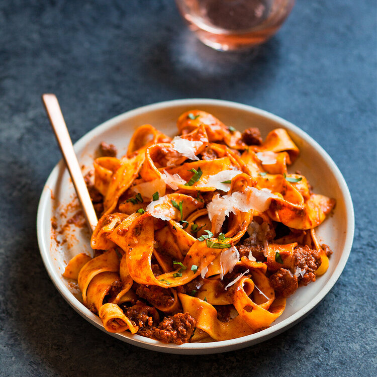 Beef bolognese made with Sonoma Gourmet's vodka cream sauce and garlic herbs olive oil