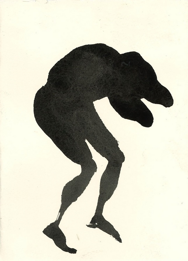 black ink drawing of hunched figure
