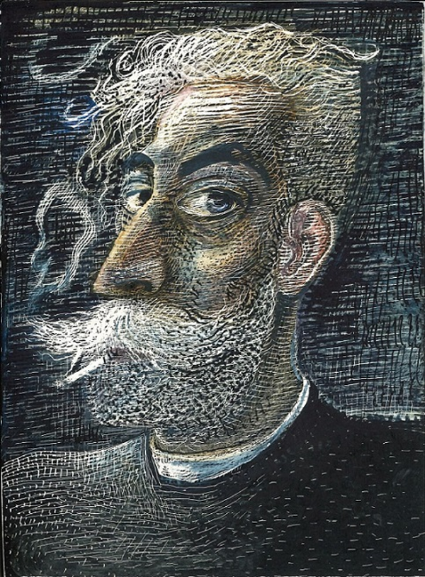 drawing of a man with white moustache and beard smoking
