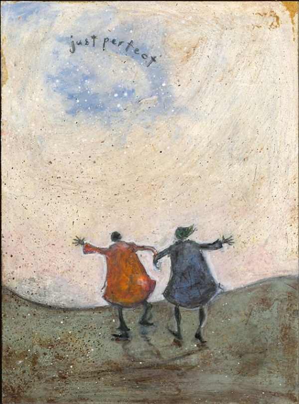 painting of the backs of two people holding hands