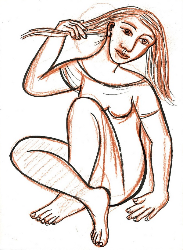 drawing of a woman sitting with crossed legs