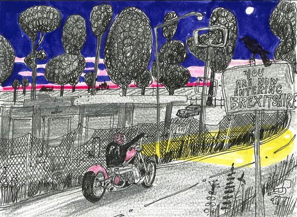 drawing of a person on a motorbike riding past trees and fencing