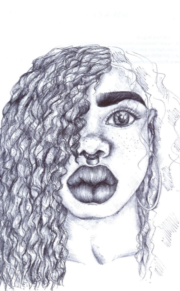 black and white drawing of a woman with long curly hair