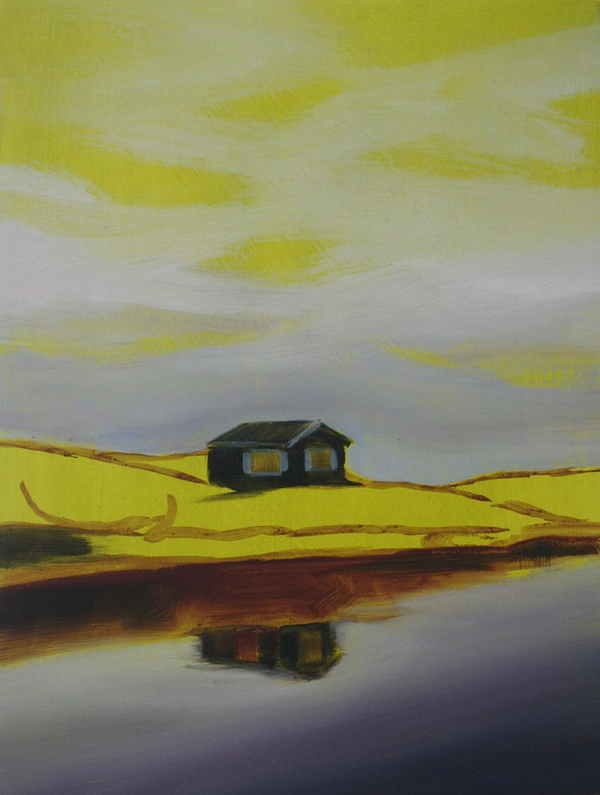 painting of hut in yellow landscape