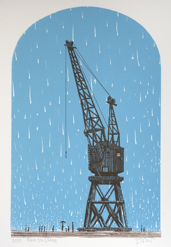 print of a crane against the sky