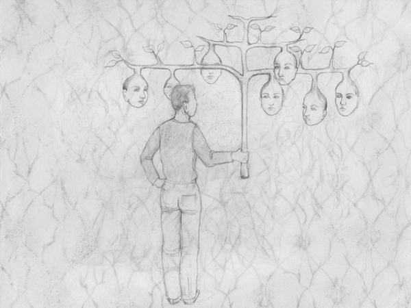 fine line drawing of a person holding a a tree with faces on it