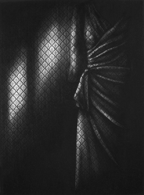 dark black and white drawing with wallpaper and light shafts