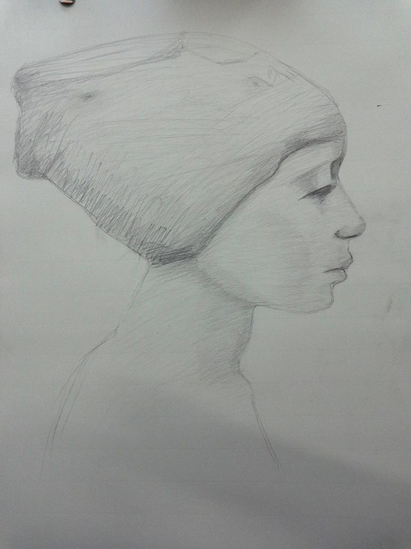 pencil drawing of woman in headscarf in profile