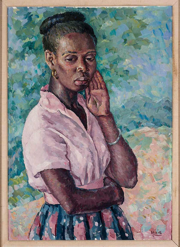 portrait of a black woman in pink shirt and floral skirt