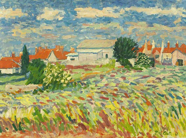painting of summer fields and buildings