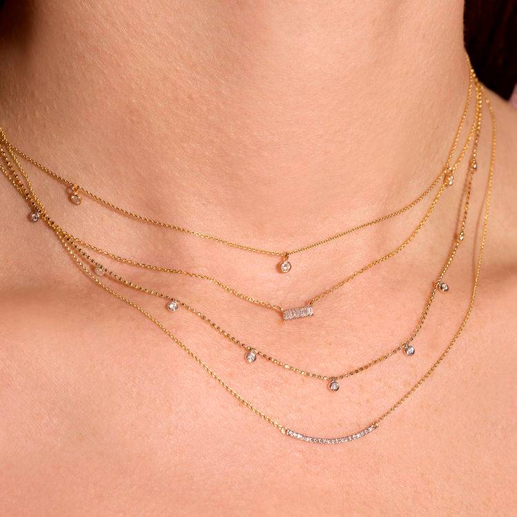 Teeny Dangling Diamond Bead Chain Necklace 14K Yellow Gold