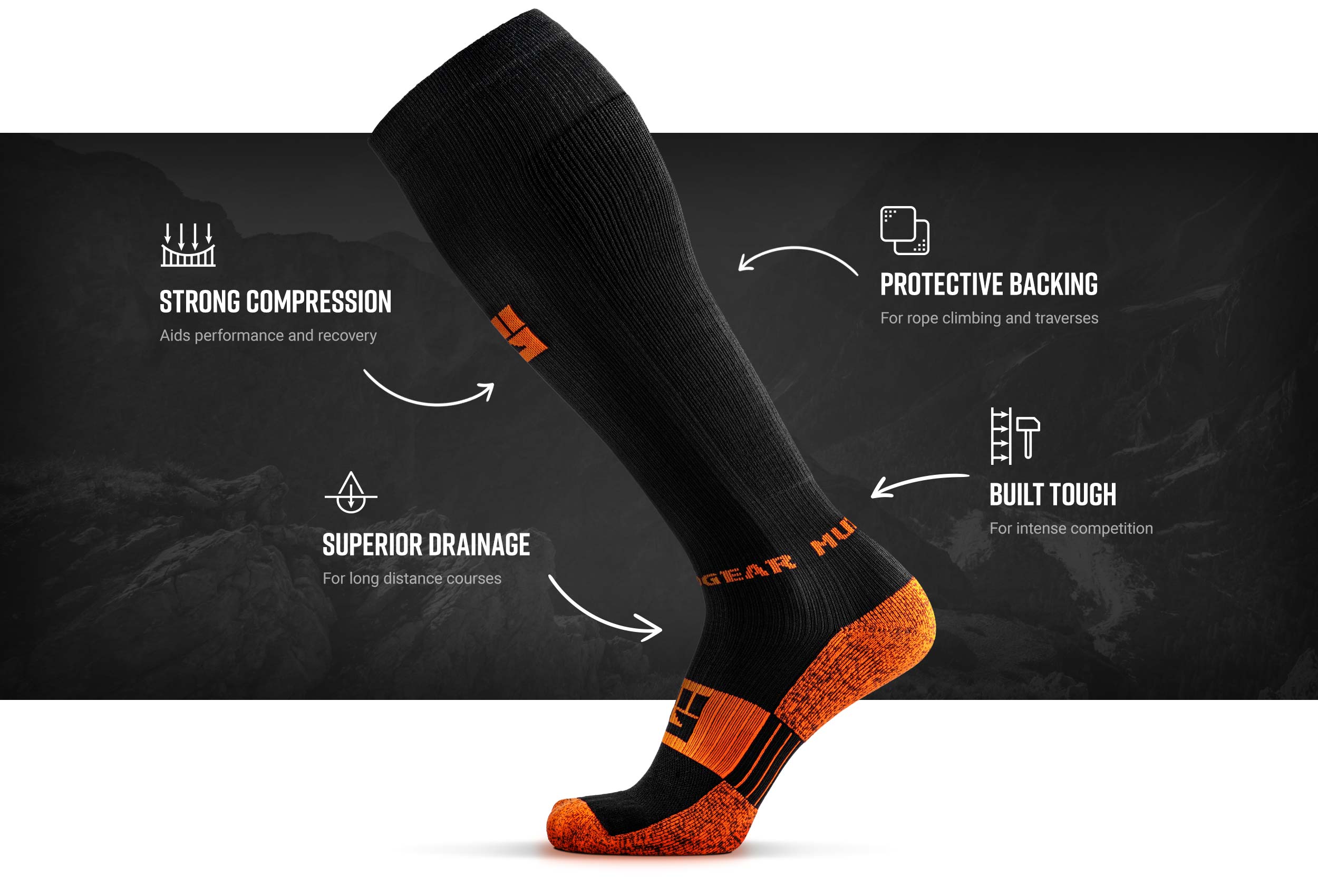 Infographic of Tall Compression Socks (Black/Orange)