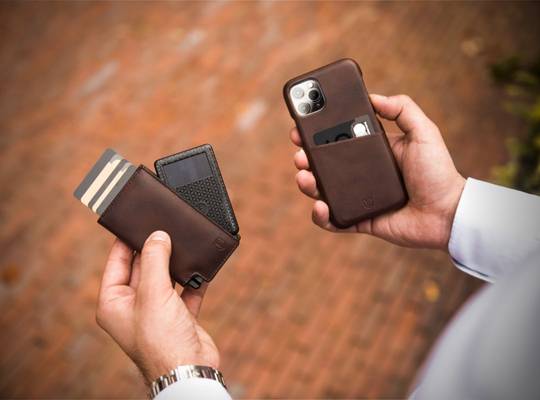 Leather iPhone case with leather wallet and tracking device