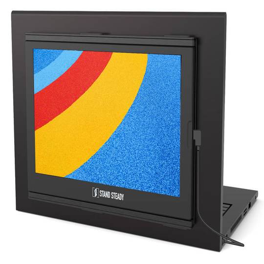 sidetrak slide black monitor for laptop floating on a white background with a colorful screen saver