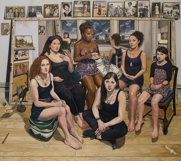painting of a group of women with photographs in the background and a mirror