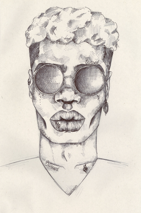 black and white drawing of a man in round sunglasses