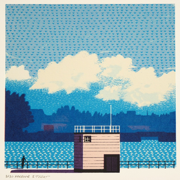 print of a building against sea and sky