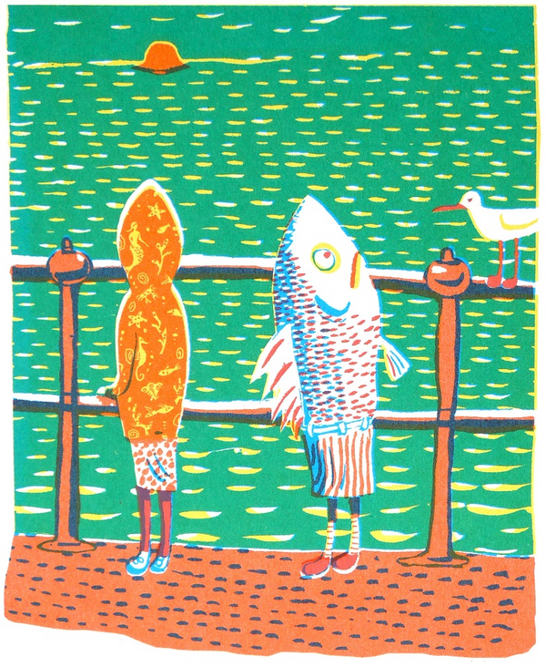 print of two children with fish heads