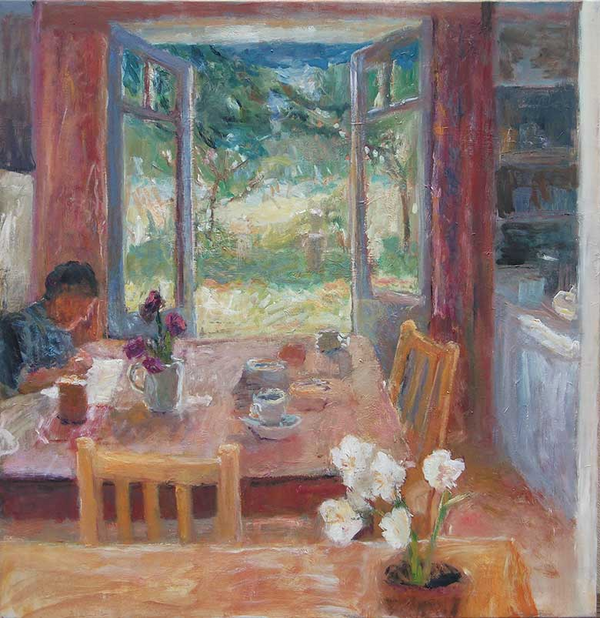 painting of interior with table and view out of window