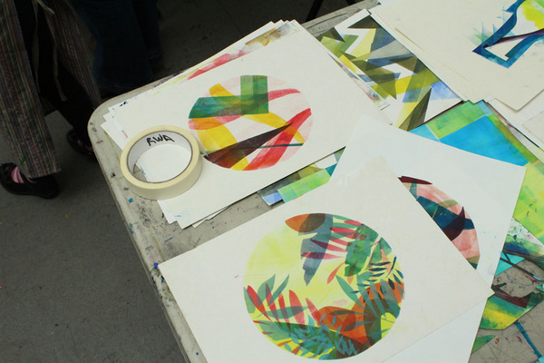 photo of some monoprinting work by sophie rae on a table