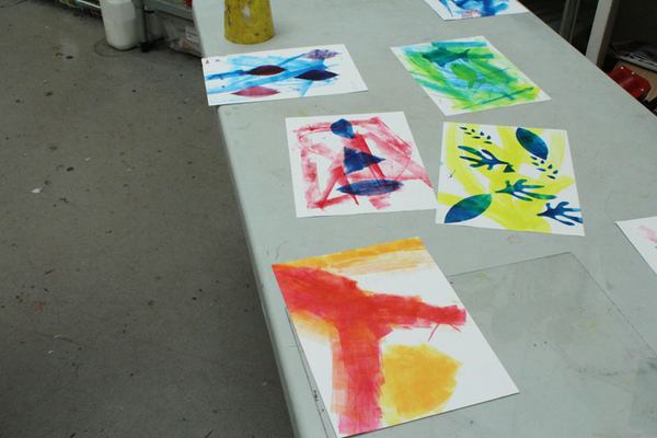 photo of some monoprinting work on a table