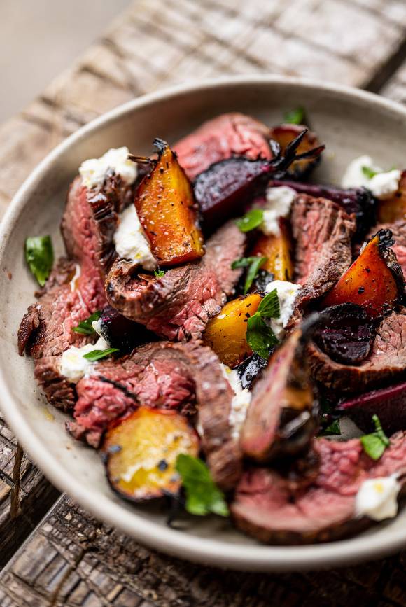Cook delicious Fire-Cooked Bavette Steak, Beetroots & Lovage, by Julius Roberts