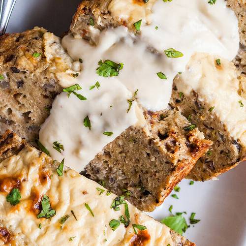 Bacon alfredo turkey meatloaf made with Sonoma Gourmet's bacon alfredo sauce and basil parmesan olive oil