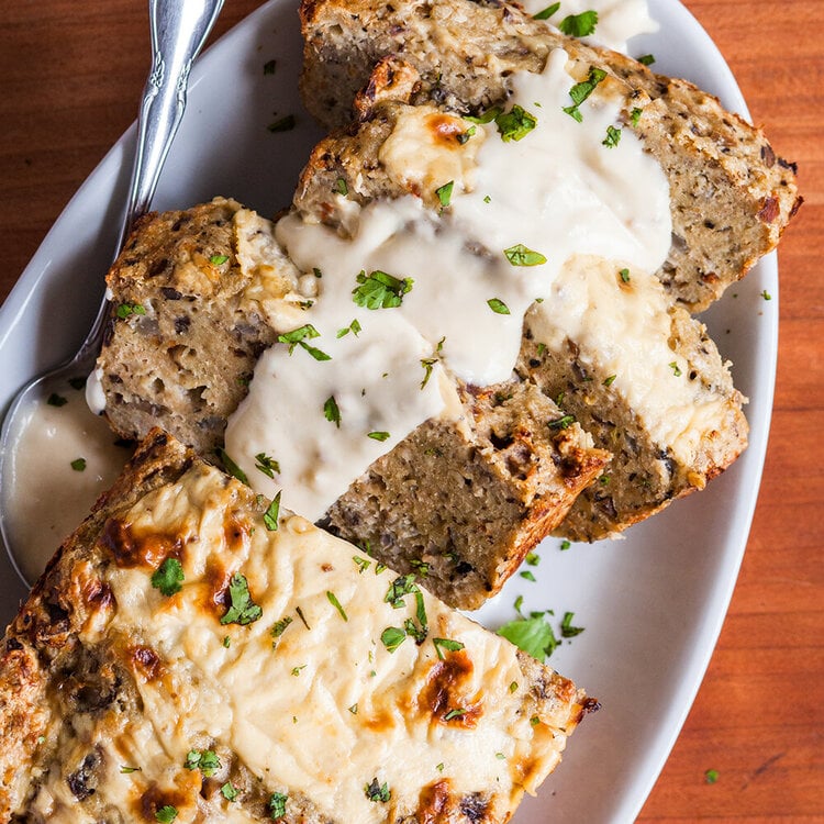 Bacon alfredo turkey meatloaf made with Sonoma Gourmet's bacon alfredo sauce and basil parmesan olive oil
