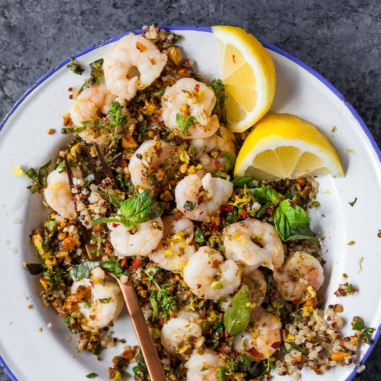 Olive oil poached shrimp with gremolata made with Sonoma Gourmet's basil parmesan olive oil