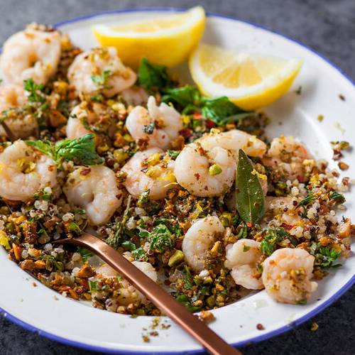 Olive oil poached shrimp with gremolata made with Sonoma Gourmet's basil parmesan olive oil