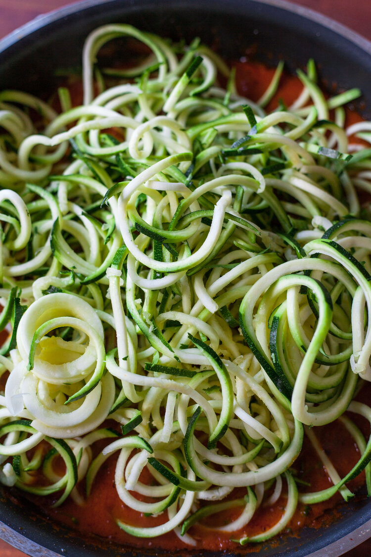 Vodka cream zoodles made with Sonoma Gourmet's vodka cream sauce and garlic herbs olive oil