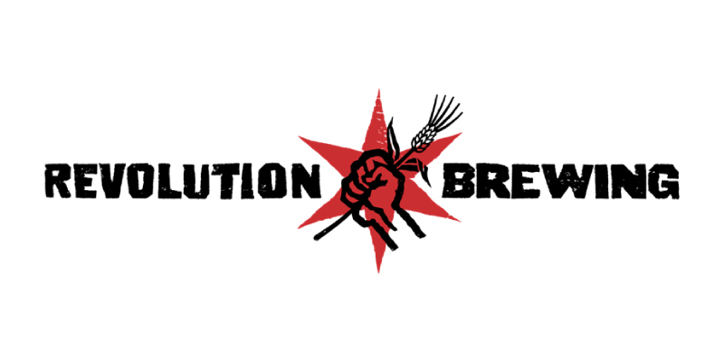 Revolution Brewing logo with words Revolution Brewing repeating and forming a square around a clenched fist raising up a barley stalk with star design in background