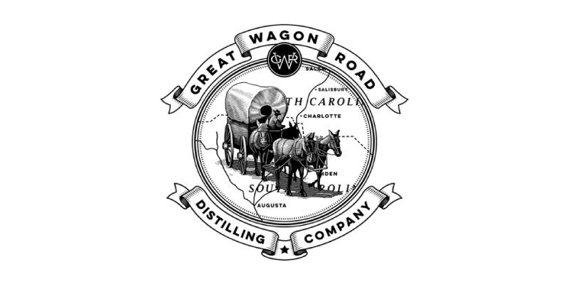 Great Wagon Road Distilling Company logo with mules pulling covered wagon over map of South Carolina and North Carolina