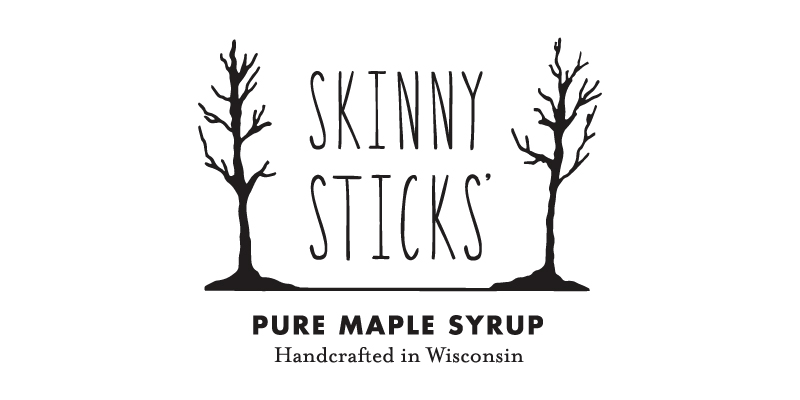 Skinny Sticks' Pure Maple Syrup logo with text Handcrafted in Wisconsin and two skinny maple trees with no leaves