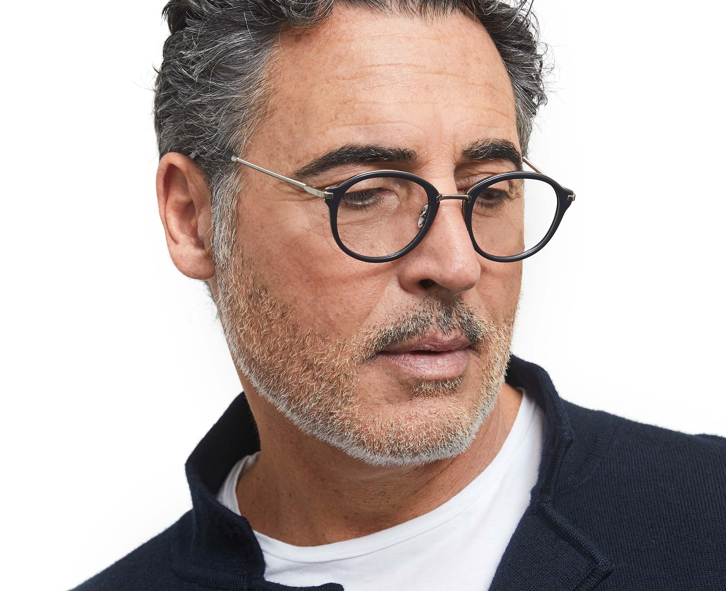 Photo of a man or woman wearing Morgan Dark Grey & Silver Reading Glasses by French Kiwis
