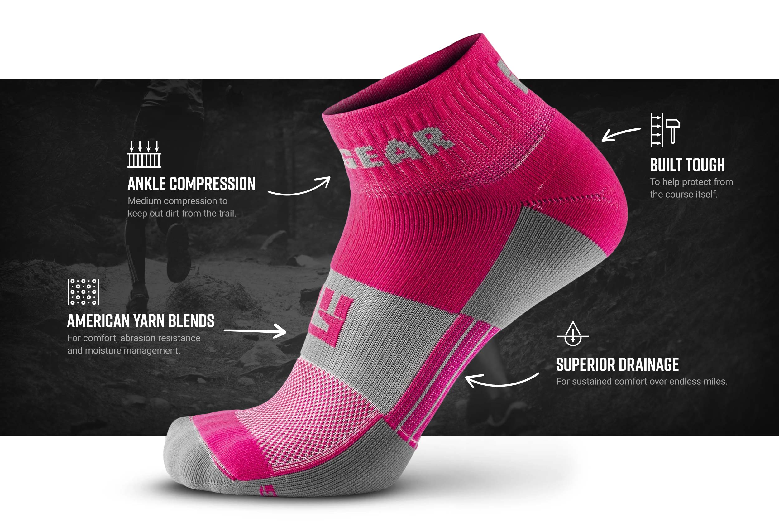 Infographic of 1/4 Crew Socks - Pink/Gray (2 pair pack)