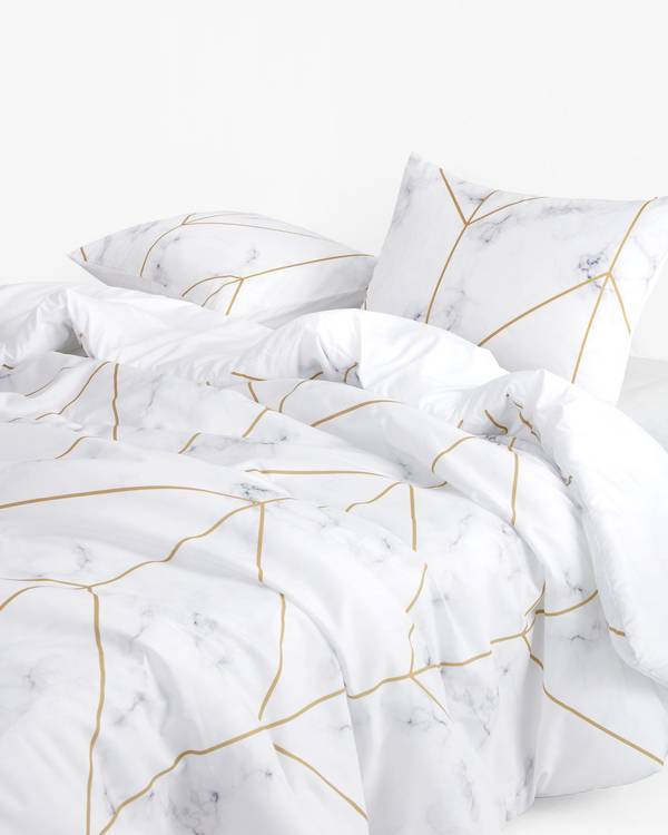 Marble with Gold Geometric Lines Microfiber Duvet Cover Set