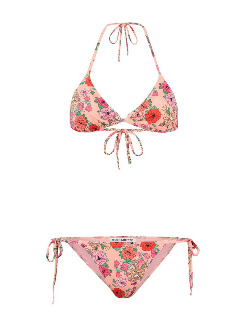 Bernadette Antwerp triangle tie bikini made from recycled materials, adorned with pink daisies.