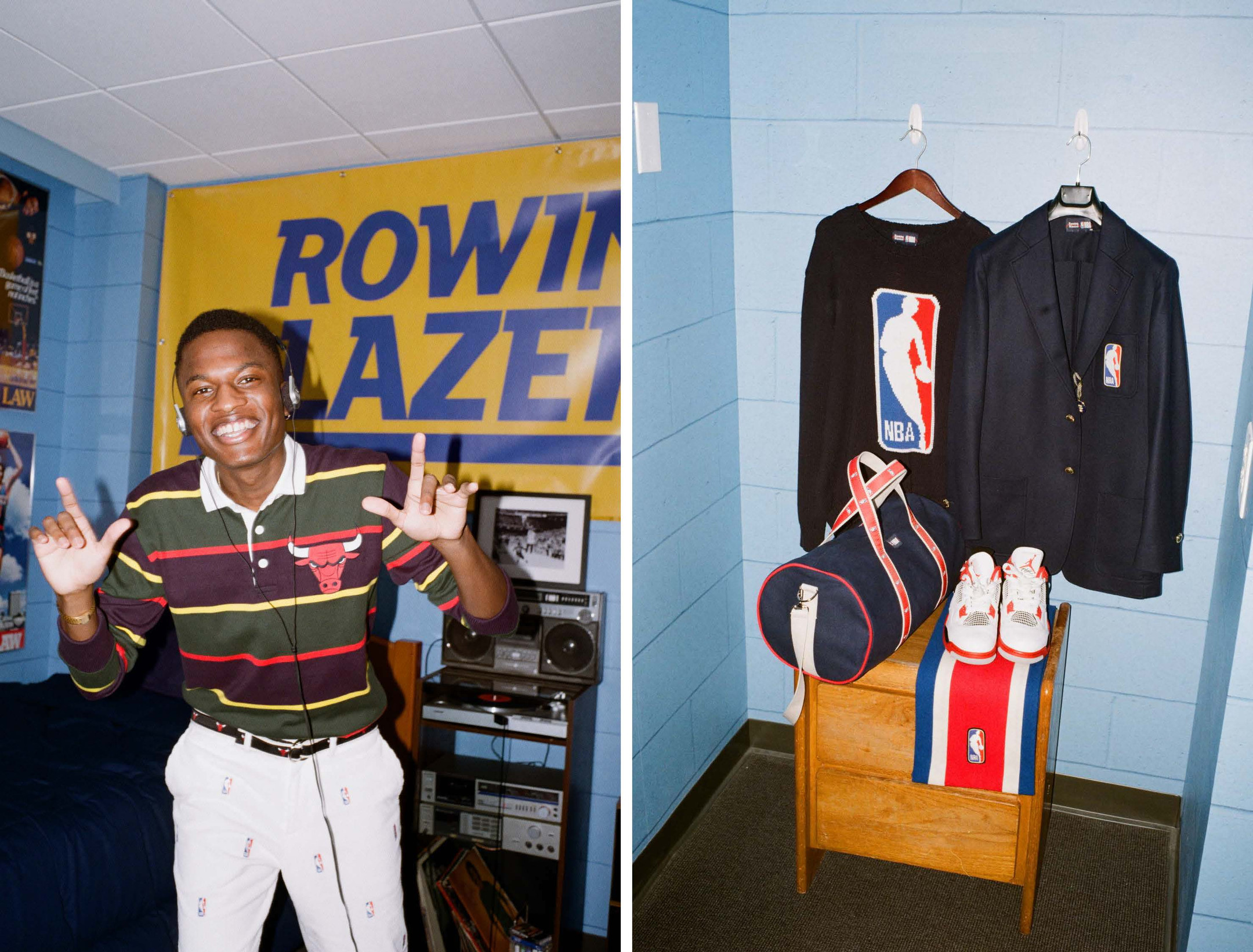Model wearing the Chicago Bulls Rugby Shirt and White Corduroy NBA Logo Trousers in a recreation of one of Rowing Blazers' favorite player's freshman dorm room located at The Graduate Chapel Hill.