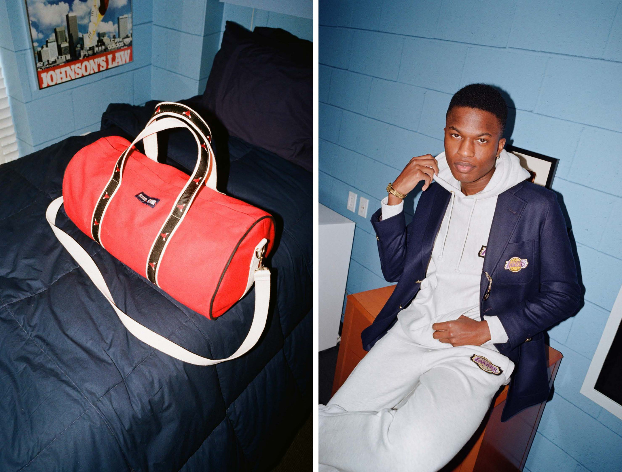 Chicago Bulls Banker Bag on a dorm room bed. Model wearing the Los Angeles Lakers Hoodie, Joggers, and Blazer.