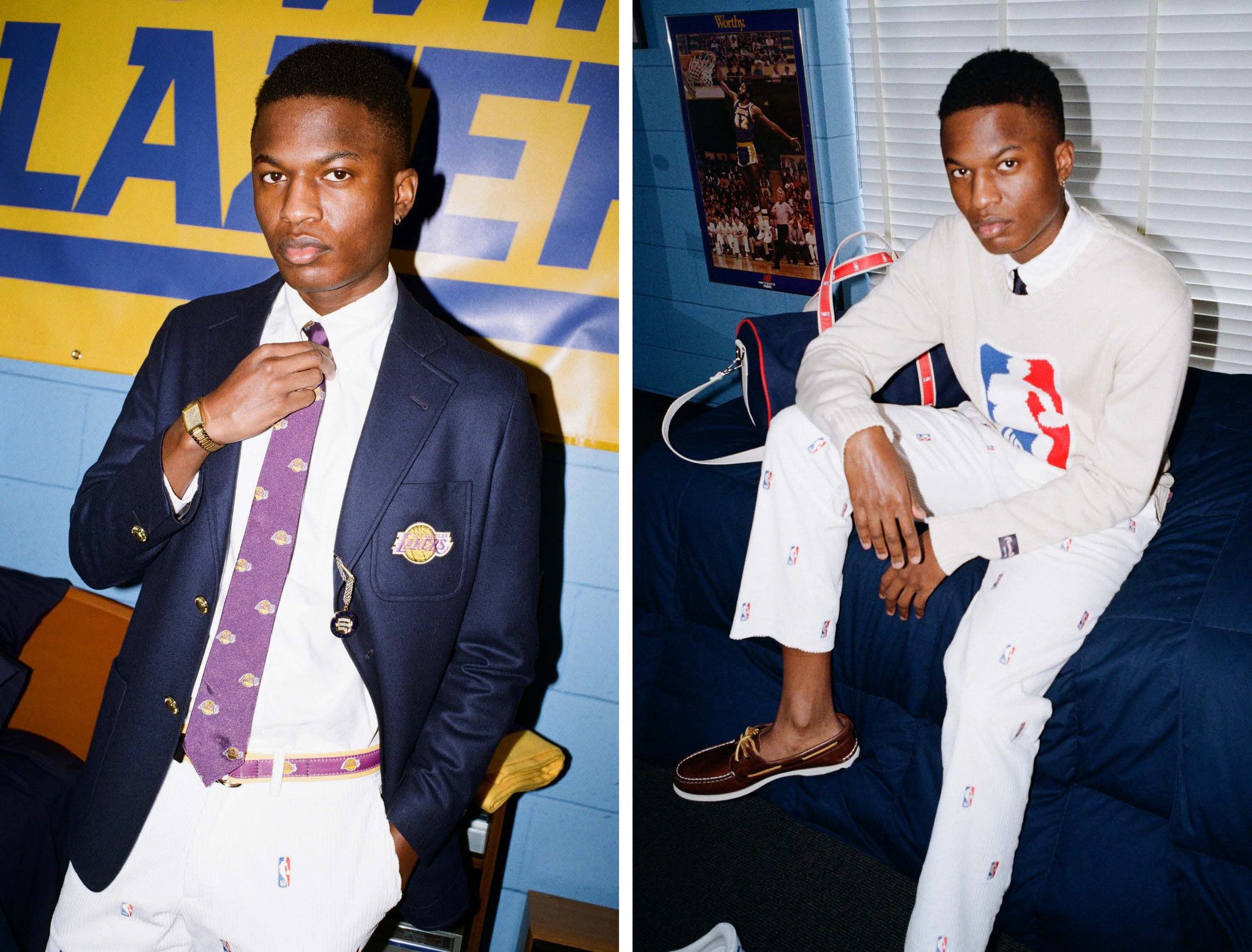 Model wearing the Los Angeles Lakers Tie, Blazer, and Belt. The same model wearing the NBA logo Sweater in Cream.