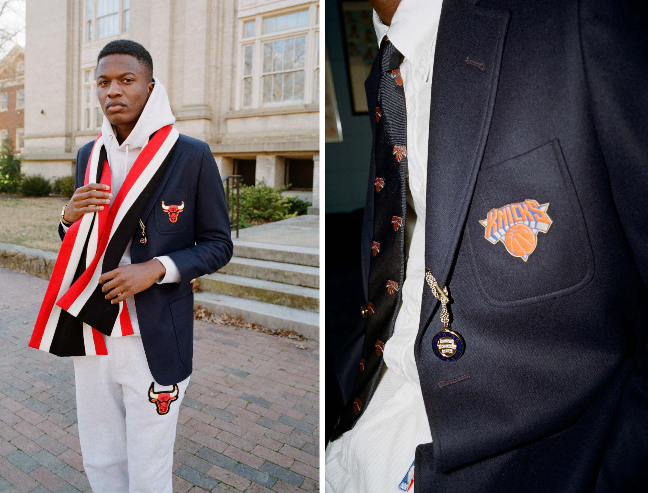 Model wearing the Chicago Bulls Scarf, Hoodie, and Blazer outside of The Graduate Chapel Hill. Same model wearing the New York Knicks Tie and Blazer.