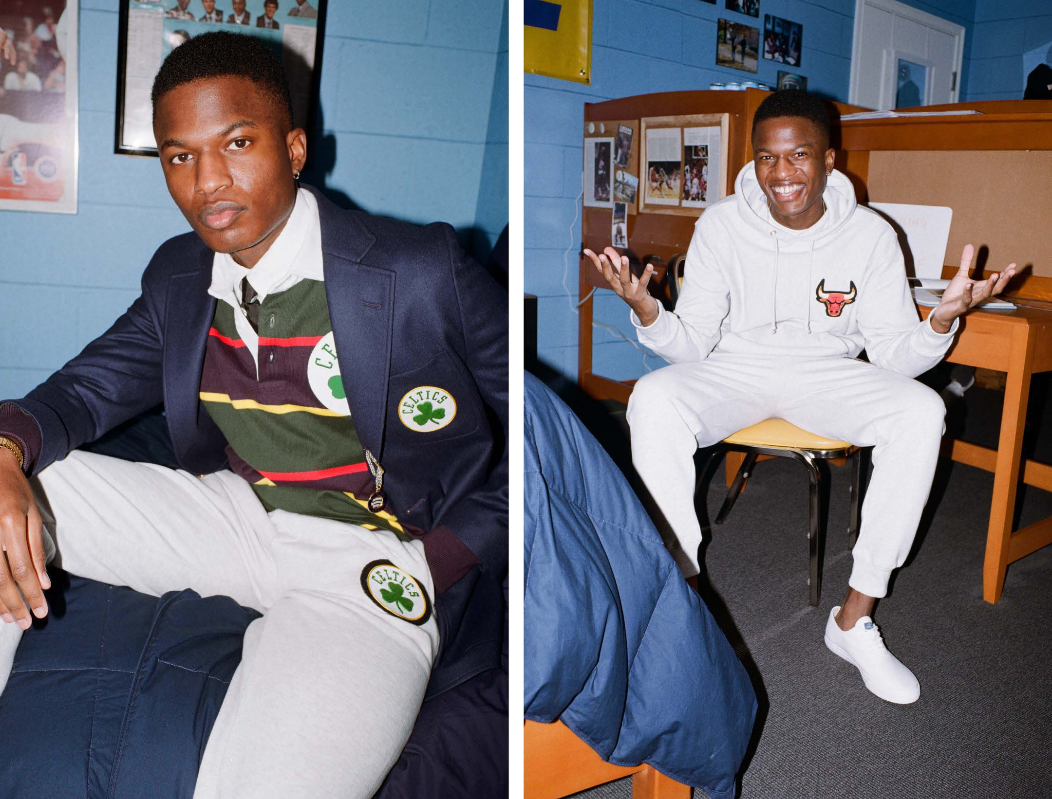 Model sitting, wearing the Boston Celtics Rugby, Blazer, and Joggers. Same model wearing the Chicago Bulls Hoodie and Joggers.