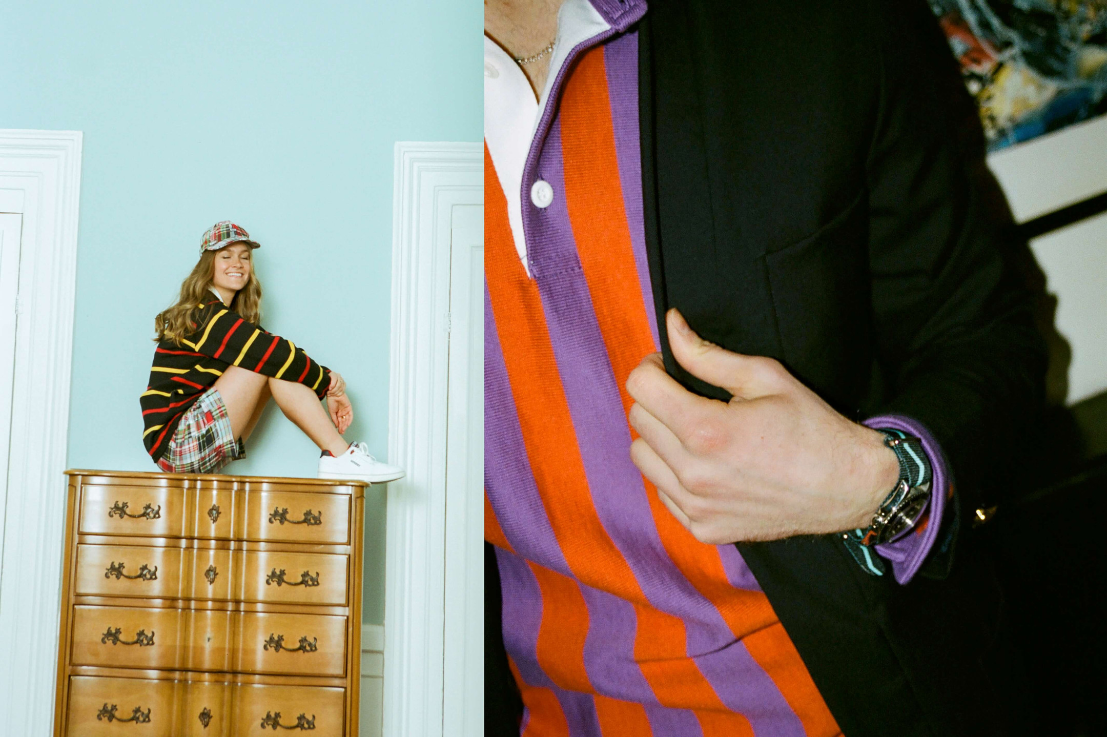 Female model wearing the Ashby Rugby and the Bishop Patchwork Madras Shorts. Male model wearing the orange and purple Game Rugby and the black and light blue Zig-Zag Watch Strap 